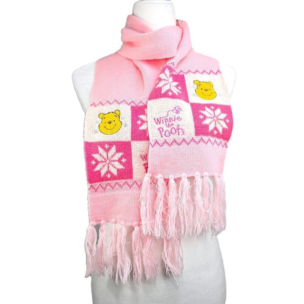 Vintage Tokyo Disneyland Pink Fringe Pooh and Eeyore Winter Scarf Wrap